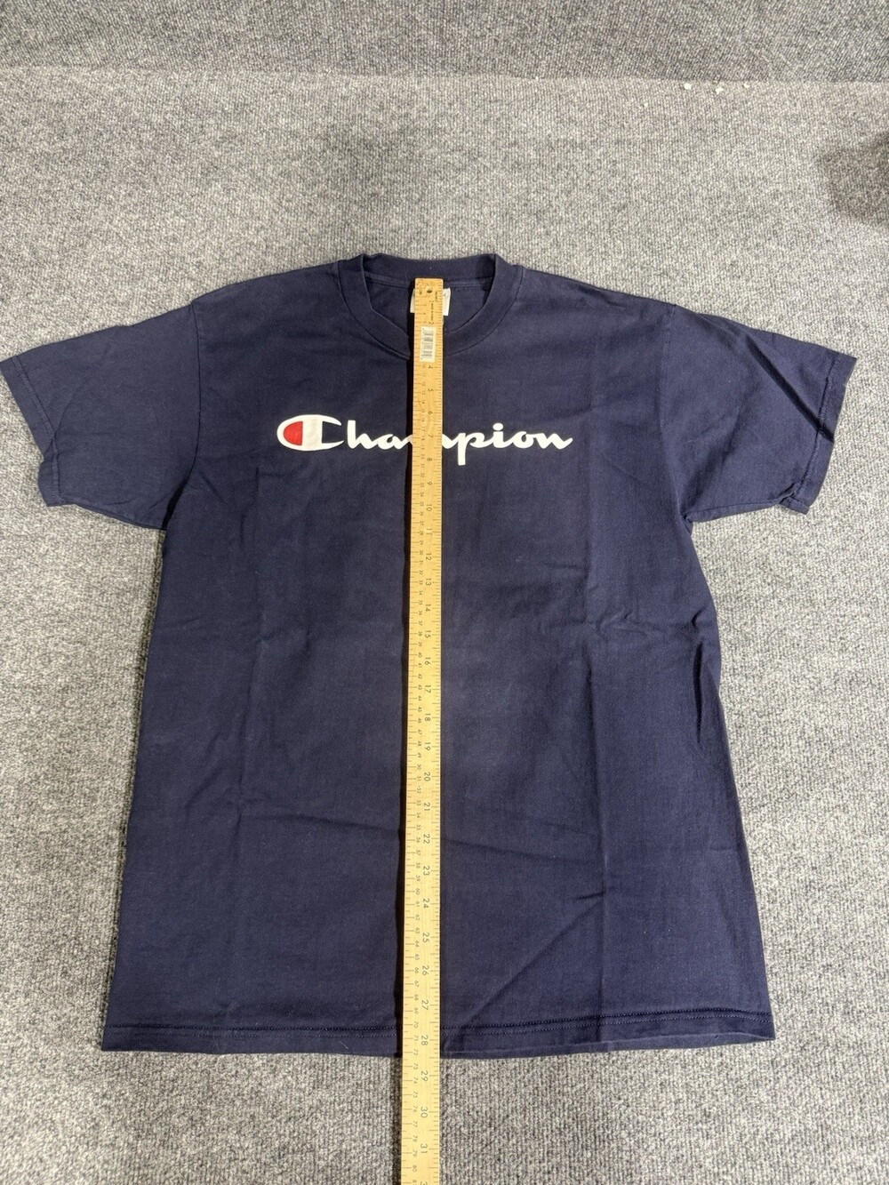 Champion Script Logo T Shirt Navy Blue 100% Cotton Short Sleeve Mens Large - Picture 5 of 10